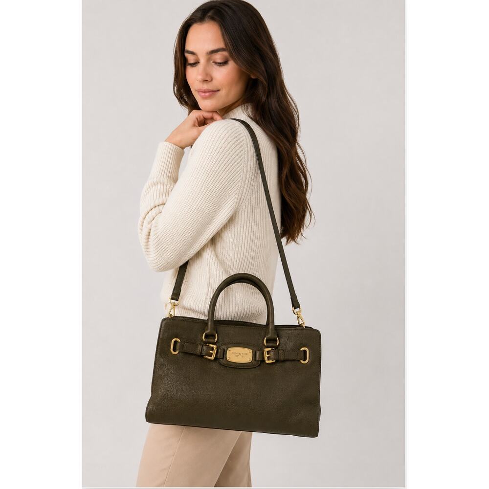 Michael Kors Hamilton E/W Large Olive Pebbled Leather Tote Satchel Bag
